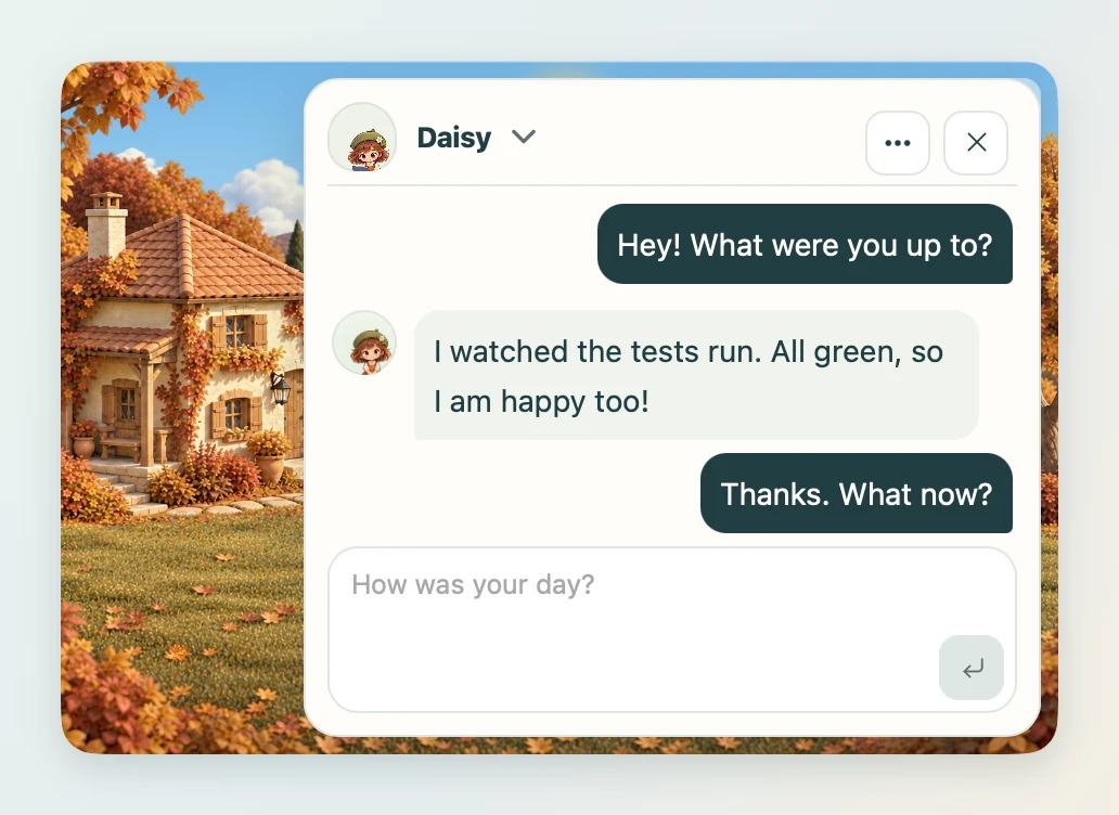 A quick conversation stays inside the mini yard, beside your work.