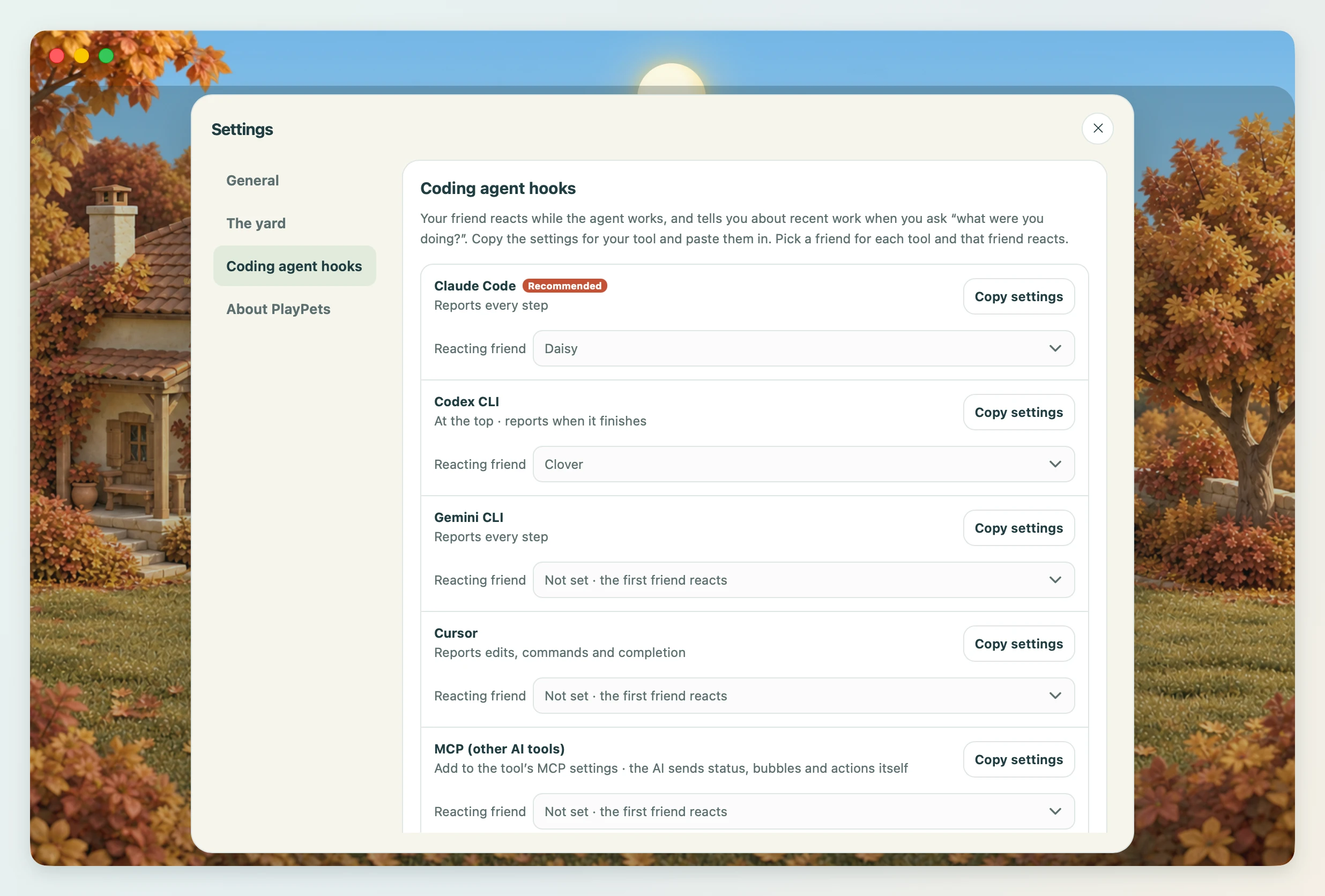 Coding agent hooks in the Settings tab. Each tool has a Copy settings button.