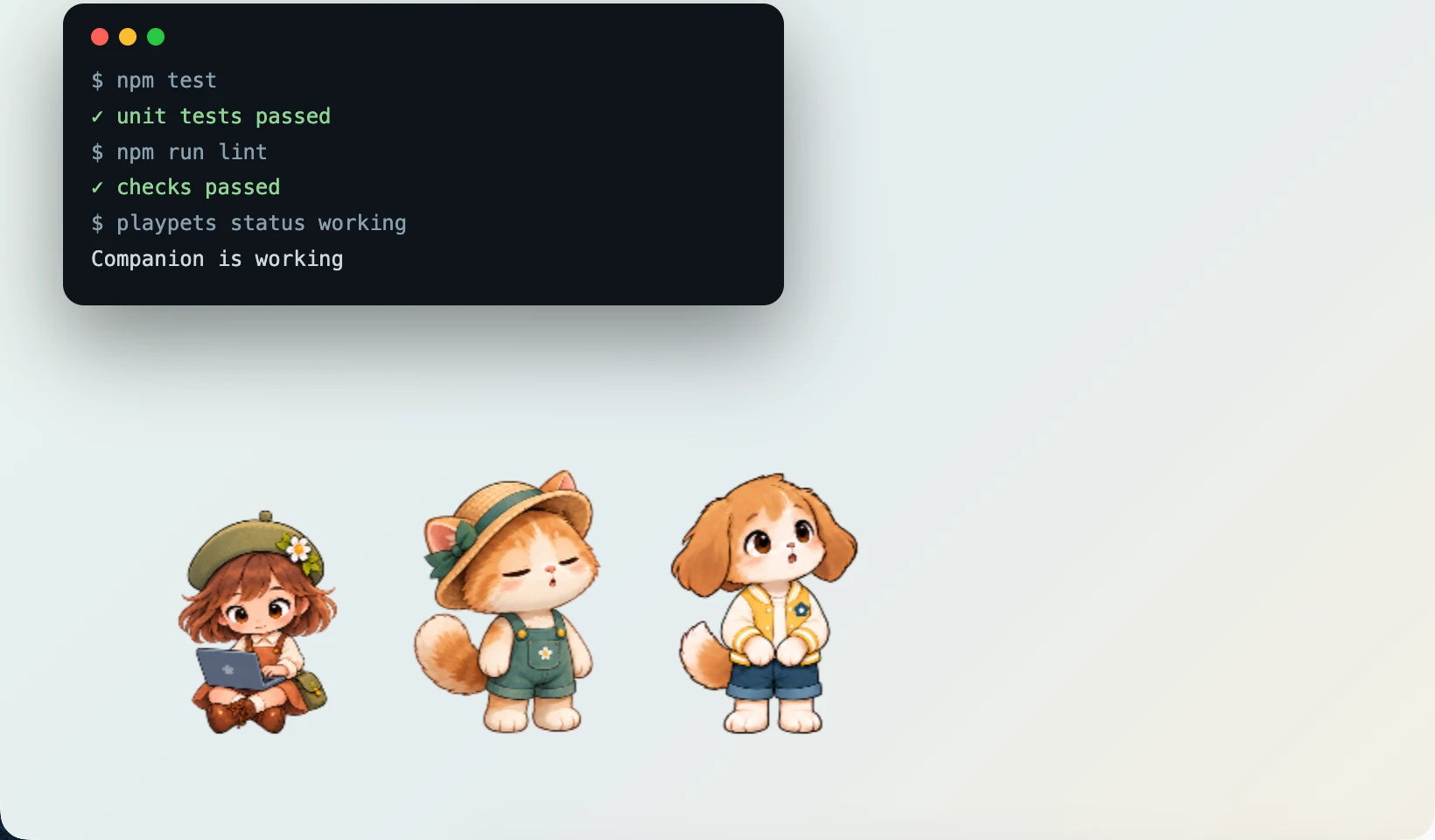 デスクトップモード。友だちがほかのウィンドウの上で暮らし、コーディングエージェントの状態を吹き出しで伝えます。